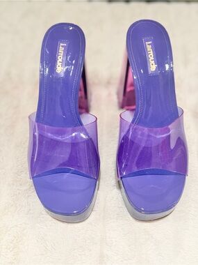 Larroude Women's Sz 7 Dolly Colorblock Vinyl Mules (Lilac)